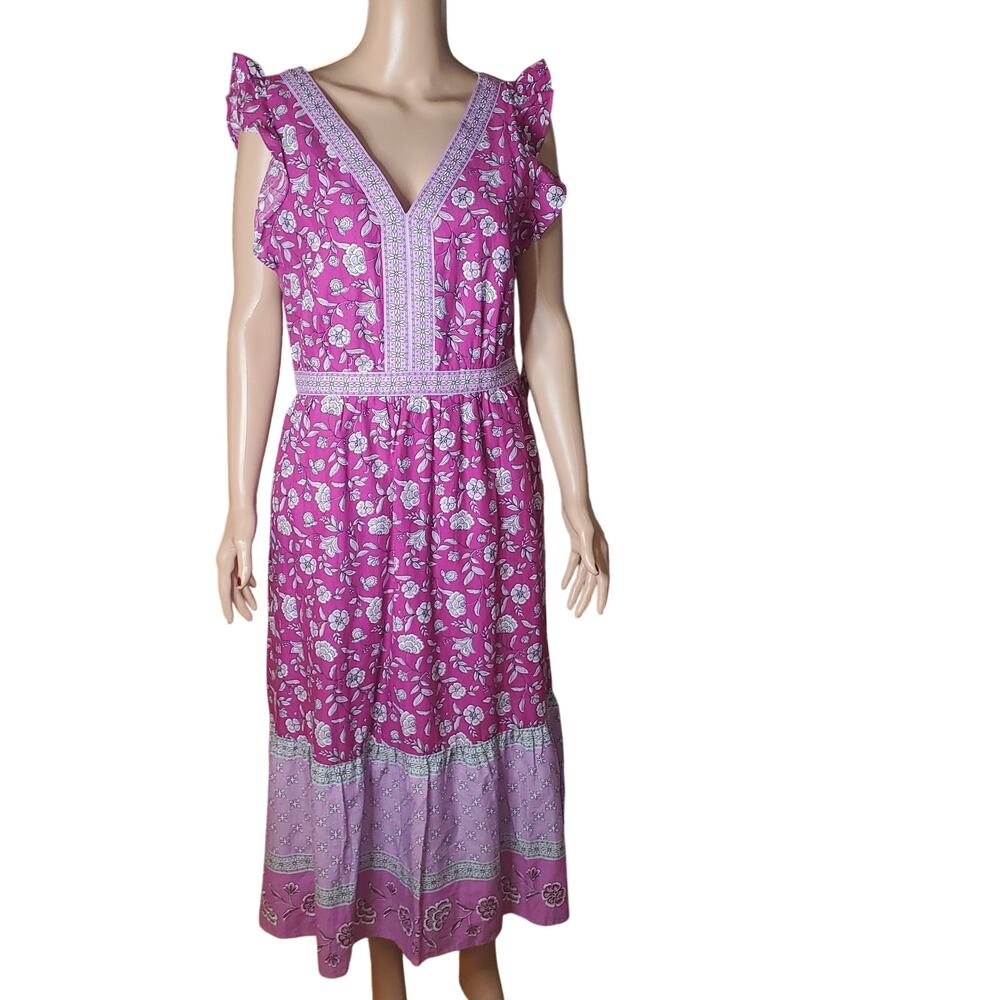 LOFT Pink Floral Midi Dress 10 Cottagecore Romantic Flutter Sleeve Easter NWT